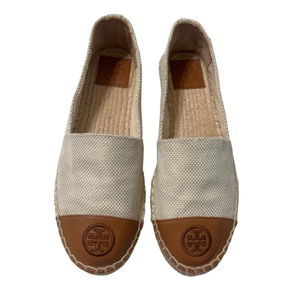Tory Burch Canvas Leather Espadrilles Womens 6 Natural Ambra Excellent Logo Flat